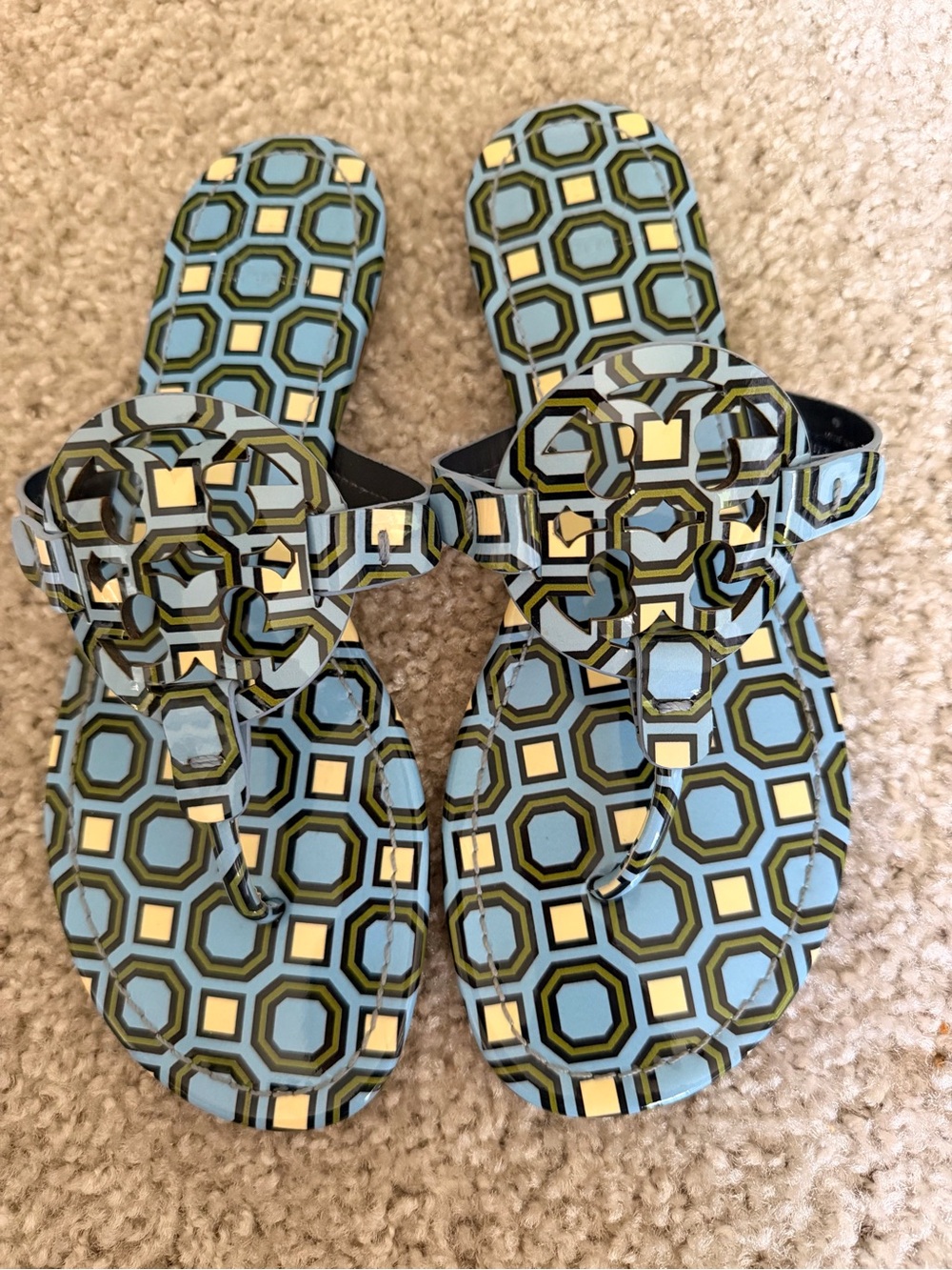 Tory Burch Geometric Light Blue and Yellow Thong Sandals
